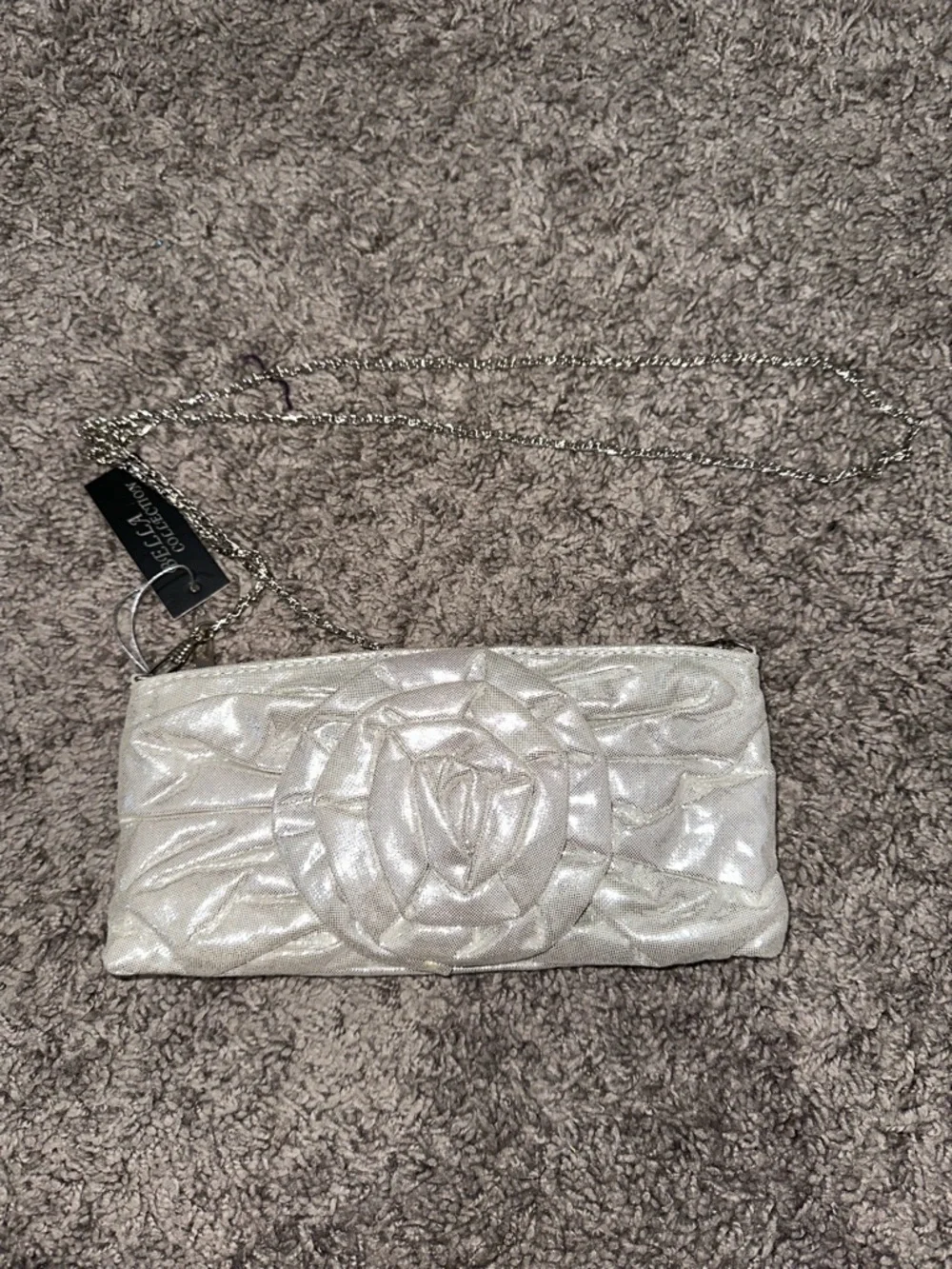 Iridescent Pearl Floral Rosette Clutch with Chain Strap